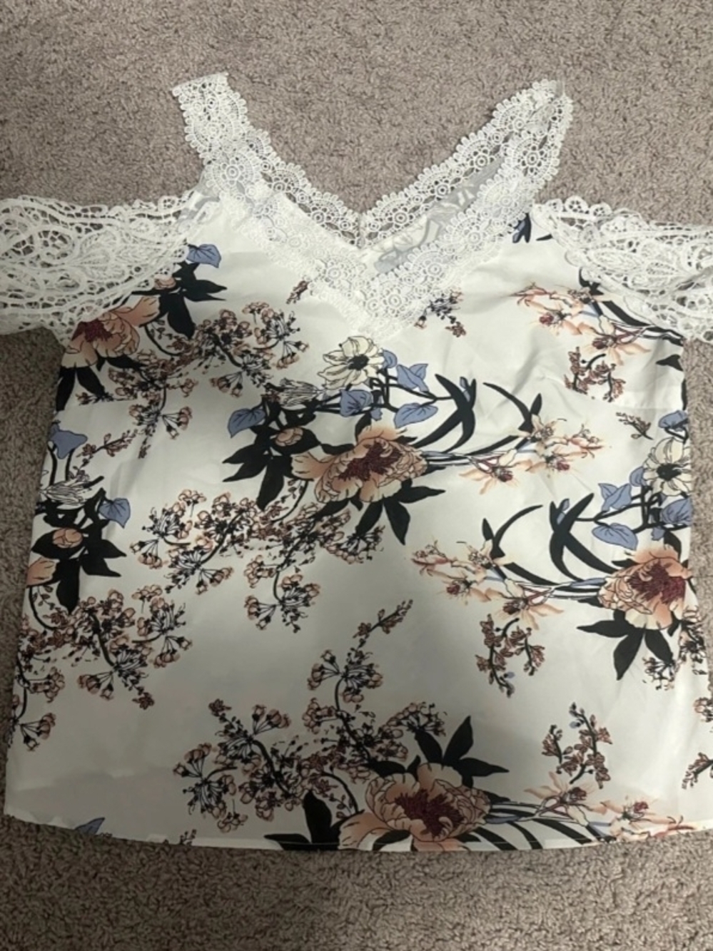 Cold Shoulder Lace Trim Floral Blouse